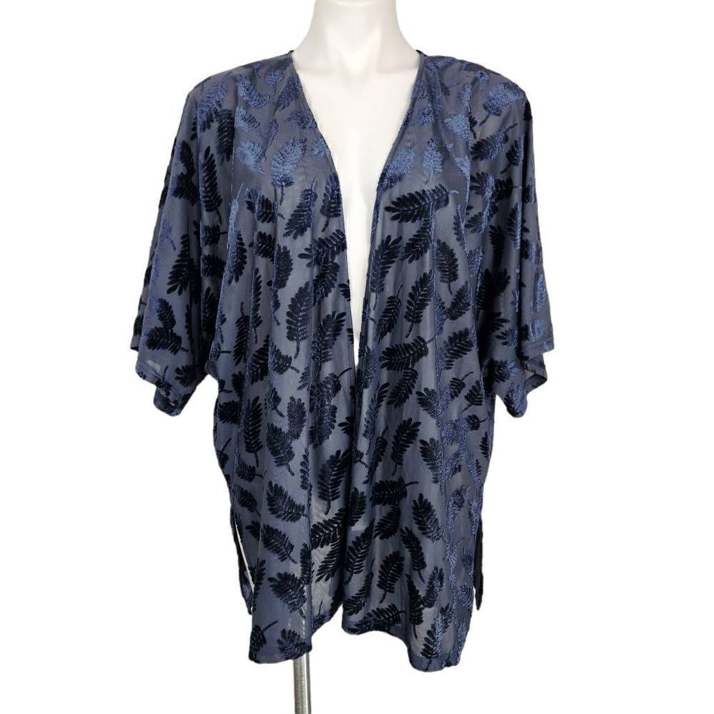 Magnolia South Navy blue feather detail open front short sleeve cardigan Size sm